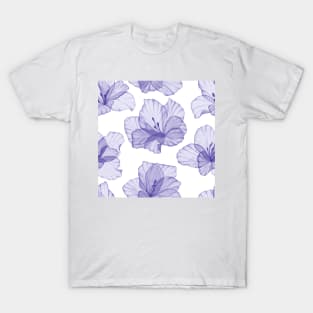 Purple Hibiscus translucent flowers. Exotic Transparent flower watercolor print. Romantic tropical illustration T-Shirt